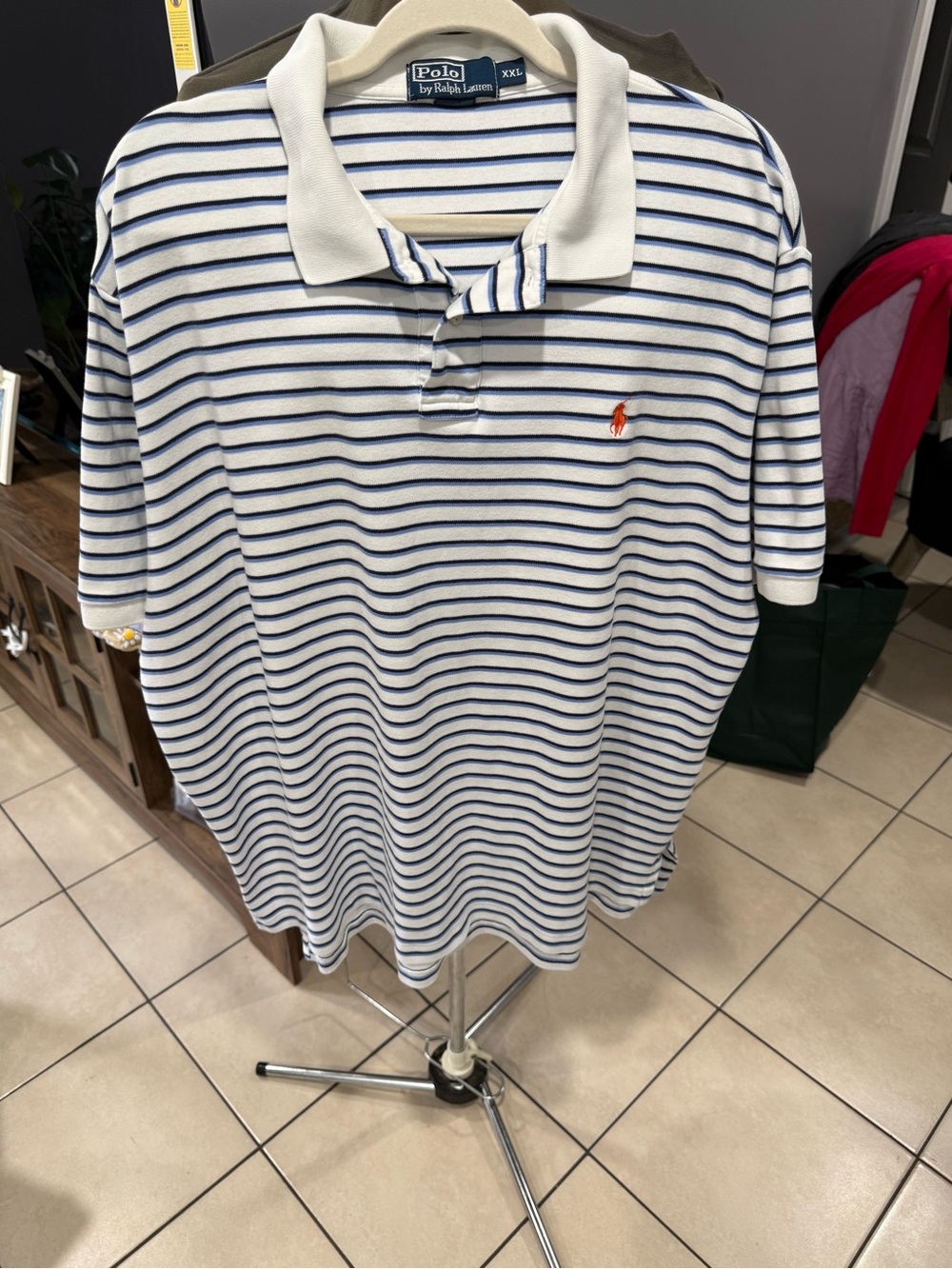 Polo by Ralph Lauren White and Navy Striped Cotton Polo with Orange Pony